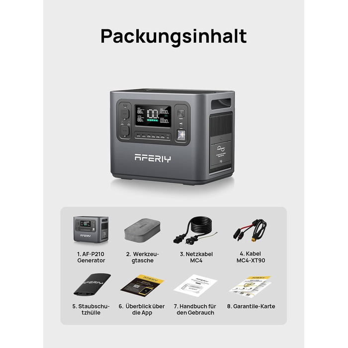 Портативна електростанція AFERIY P210 потужністю 2400 Вт, акумулятор LiFePO4 ємністю 2048 Втгод, додаток ДБЖ, швидка зарядка за 1,2 години, ідеально підходить для дому, відпочинку на природі та подорожей з XT90