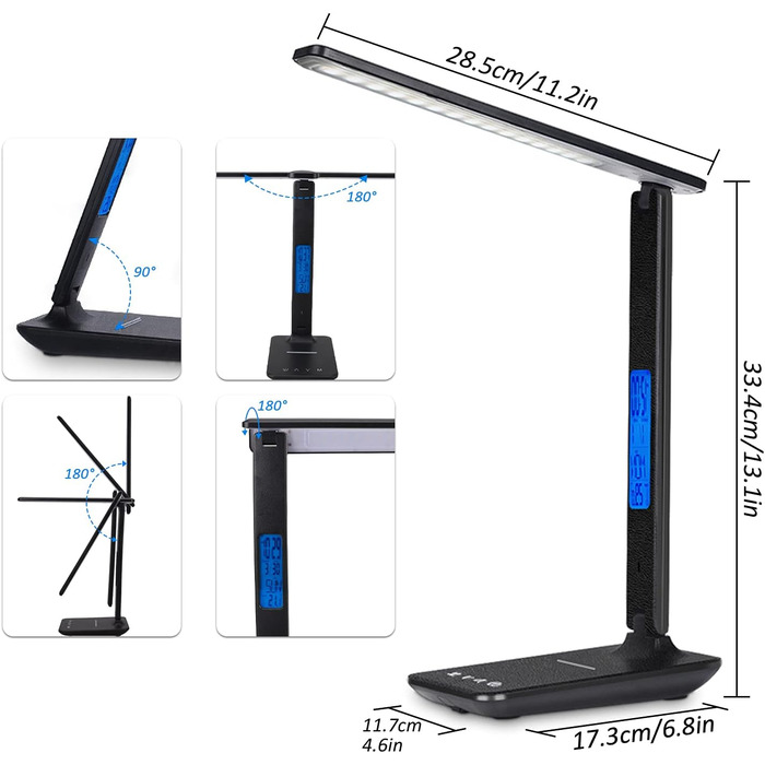 Настільна лампа CSYY LED із бездротовим зарядним пристроєм 10 Вт, 3 кольорові та 5 рівнів яскравості з можливістю затемнення, настільна лампа з функцією пам'яті, портативна, сенсорне керування, захист очей для офісу, читання, навчання