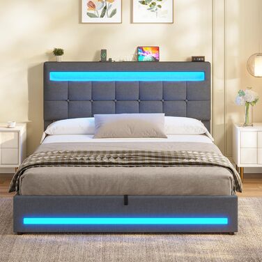М&39яке ліжко AOGLLATI 140 x 200 зі світлодіодним освітленням та зарядною станцією, каркас ліжка з регульованим по висоті узголів&39ям та місцем для зберігання, гідравлічне ліжко 140 x 200 см, рейкова основа, льон, без матраца, темно-сірий 140 x 200 см те