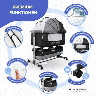 Дитяче ліжечко Mobiclinic 3-в-1, нічне, для сну на боці, регульована висота, матрац, москітна сітка, колеса, що обертаються на 360, ремені, кошик для зберігання, до 20 кг, чорний колір
