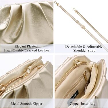 Жіноча вечірня сумка Milisente з клатчем, хмарою та плісованими краями, елегантна маленька сумочка зі штучної шкіри, сумка на плече для весілля на блискавці золотого кольору