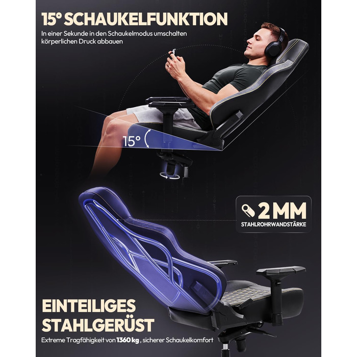 Ігрове крісло Dowinx, вантажопідйомність 200 кг, крісло керівника, ергономічне офісне крісло з 4D підлокітниками та поперековою опорою, ігрове крісло з регульованою висотою для геймерів та кіберспорту, чорне