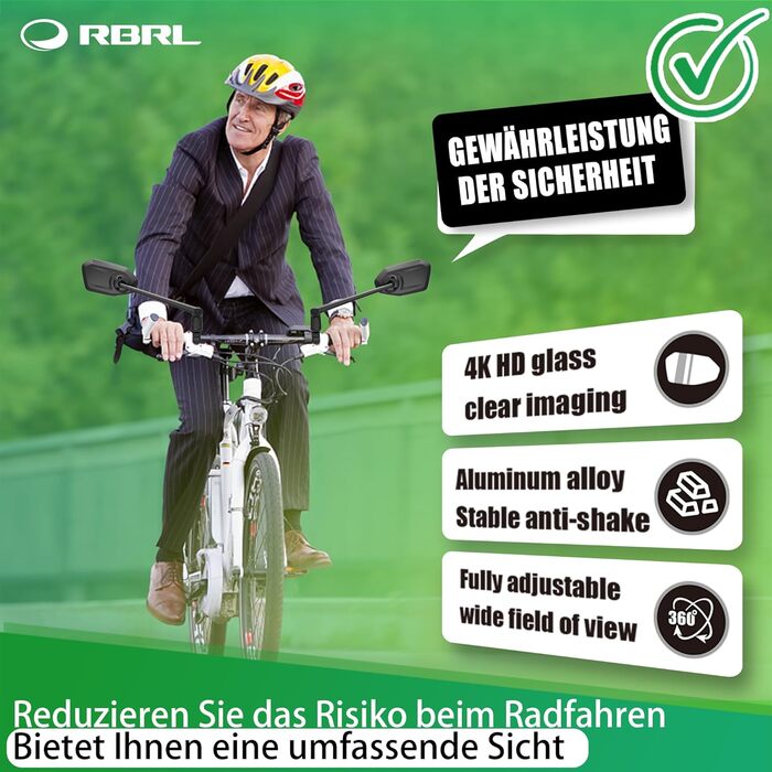 Дзеркало заднього виду для велосипеда RBRL зі справжнім склом ProVision, тримач дзеркала з алюмінієвого сплаву, ударостійке та міцне, поворотне на 360 та складне, для електровелосипедів, електросамокатів (ліве)