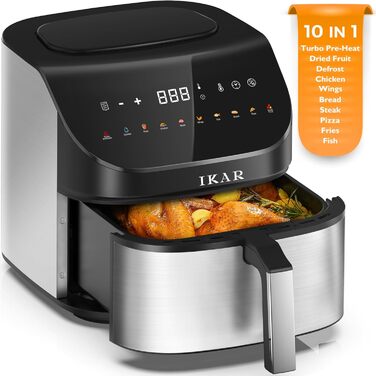 Фритюрниця IKAR Cube XXL 7 л сімейного розміру, фритюрниця 10-в-1, фритюрниця без олії, фритюрниця з сенсорним дисплеєм, можна мити в посудомийній машині, тиха, 4-6 порцій, нержавіюча сталь чорна