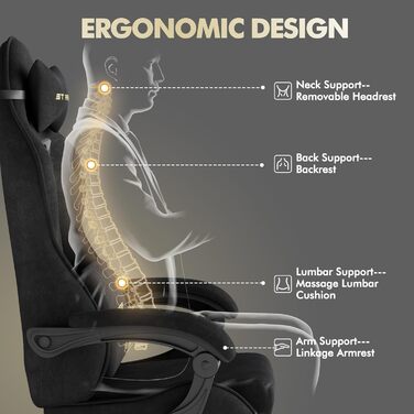 Ігрове крісло, Ергономічне ігрове крісло, Офісне поворотне крісло з регульованою опорою для голови та попереку, підлокітниками та підставкою для ніг, чохол з дихаючої тканини, Гоночне ПК-крісло (чорне)