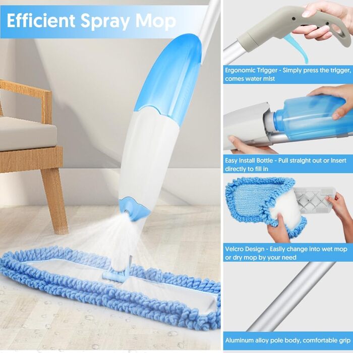 Швабра для підлоги з функцією розпилення, швабра TINA&TONY з функцією розпилення з резервуаром для води 435 мл, швабра для підлоги