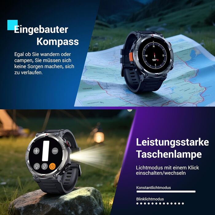 Розумний годинник Blackview для чоловіків, підсвічування, компас, водонепроникність IP68, 100 днів роботи від батареї, сенсорний екран 1,45 дюйма, Bluetooth-дзвінки, монітор серцевого ритму, аналіз сну, спортивний годинник із понад 100 спортивними режимам