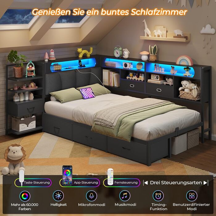 Дитяче ліжко DICTAC 90x200 см з 6 шухлядами, світлодіодним освітленням та зарядною станцією Багатофункціональний диван-ліжко з вбудованою тумбочкою та прихованим місцем для зберігання в узголів&39ї (чорний) 90x200 см