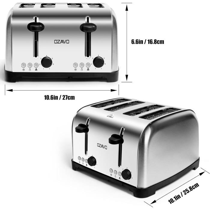 Тостер OZAVO 4 скибочки, насадка для булочок, 7 рівнів підсмажування, функція центрування, зі знімним піддоном для крихт, корпус з