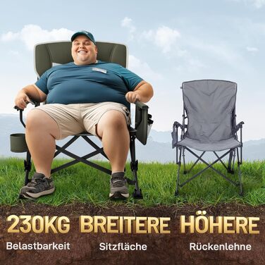 Складаний кемпінговий стілець EVER ADVANCED, вантажопідйомність 230 кг, XL-розмір, ширина сидіння 62 см з бічною кишенею та тримачем для напоїв, великий складний стілець, рибальський стілець для кемпінгу, використання на вулиці, балкон, сад, зелений, клас