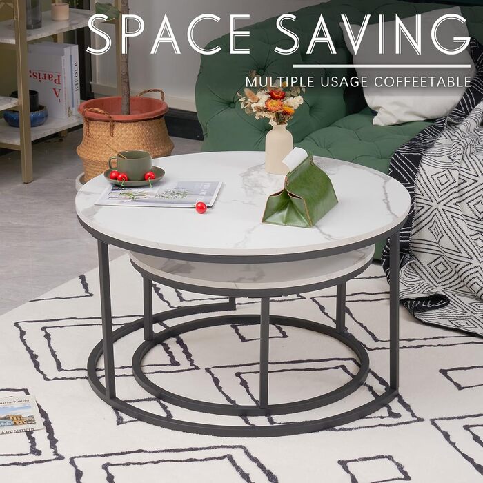 Комплект із 2 круглих журнальних столиків, білий мармуровий журнальний столик з чорною металевою рамою, круглий бічний столик, сучасний столик для вітальні, вбудовані столики для вітальні, спальні, балкону, білий та чорний