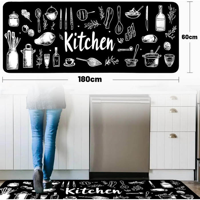 Килим для передпокою Alishomtll Runner, нековзний, 60x180 см, кухонний килимок, протиковзкий, можна прати, стійкий до плям, абсорбуючий, сучасний килимок, легкий у догляді, килимок для кухні, для вітальні, чорний, 60 x 180 см