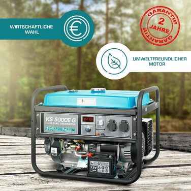 Генератор на зрідженому паливі/бензині K&S Knner&Shnen KS 5000E G серії DUAL FUEL, аварійний генератор потужністю 4500 Вт, ручний/електричний запуск, 2x16A, 12 В, генератор з (AVR), генератор живлення, захист генератора від короткого замикання Blue5eg