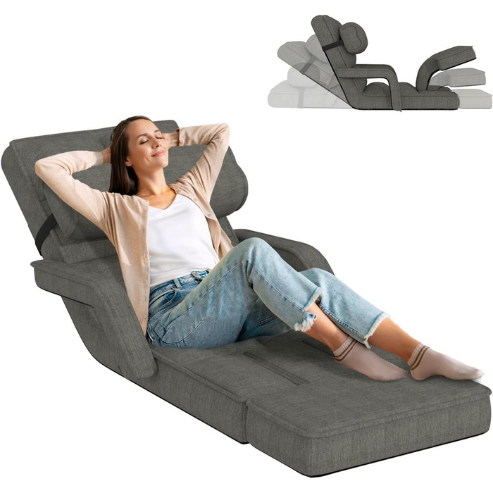 Регульоване підлогове крісло UNIONLINE, складне, з підлокітниками, ігрове крісло з подушкою та підставкою для ніг, одне крісло, ліжко для спальні, дому, офісу, темно-сіре