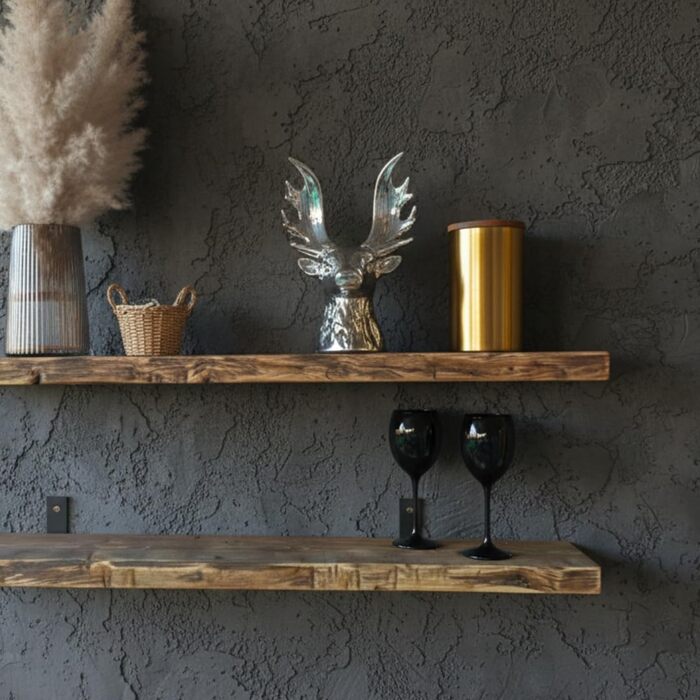 Антикварна настінна полиця з масиву дерева полиця у вінтажному стилі зістареного вигляду плаваюча або зі сталевими кронштейнами кухня, вітальня, тераса (100 см)