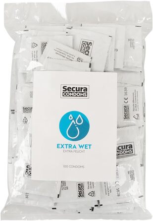 Презервативи Secura Extra Wet 100 - 100 презервативів з екстра-зволоженою структурою для чоловічої контрацепції без гормонів, надзвичайно слизькі