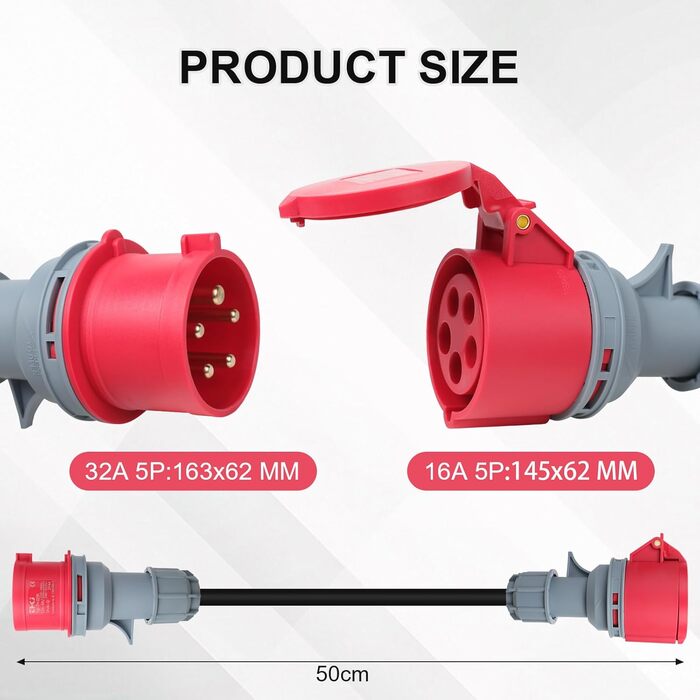 Перехідник CEE з вилки 32A на розетку 16A, високострумовий адаптер із захисною кришкою, 3 фази, 5 контактів, 50 см, водонепроникний IP44, підходить для промислового та побутового використання (32-16)