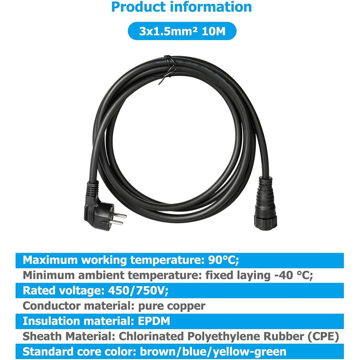 Кабель змінного струму DEWIN, 10 м 3 x 1,5 мм сонячний фотоелектричний мікроінвертор змінного струму Вилка ЄС для WVC 600/700/1200/1400/1600W