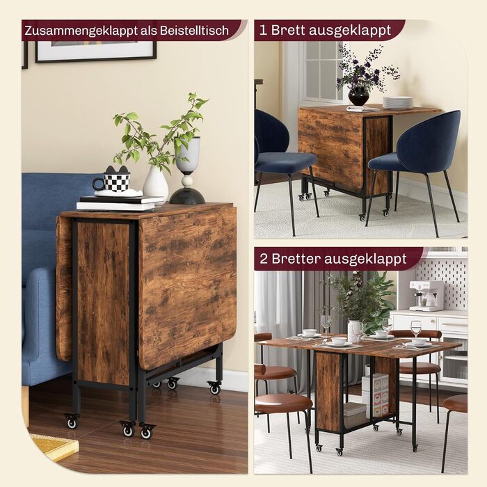 Розкладний обідній стіл HOMCOM, мобільний розкладний стіл з відкритою полицею, обідній стіл, кухонний стіл для невеликих приміщень, кухня, їдальня, 130 x 80 x 74 см, рустикальний коричневий