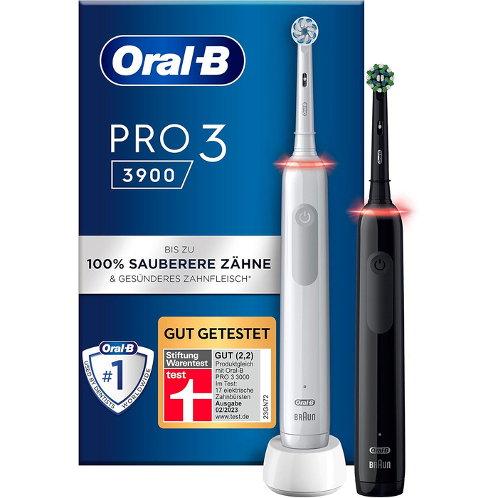 Електрична зубна щітка/електрична зубна щітка Oral-B PRO 3 3900, подвійна упаковка, з 3 режимами чищення та візуальним регулюванням тиску на 360 для догляду за зубами, подарунок чоловіку/жінці, дизайн Braun, білий/чорний Старий сингл