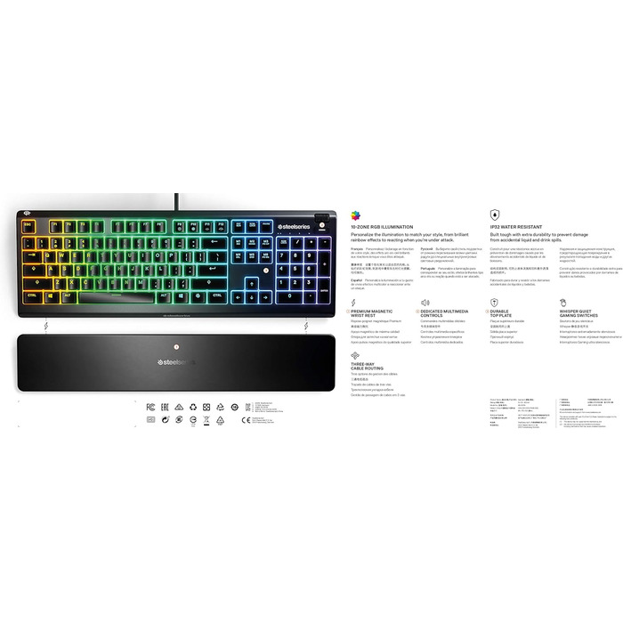 Ігрова клавіатура - 10-зонне RGB-підсвічування - Магнітна підставка для долонь преміум-класу - Американська (QWERTY) розкладка, чо