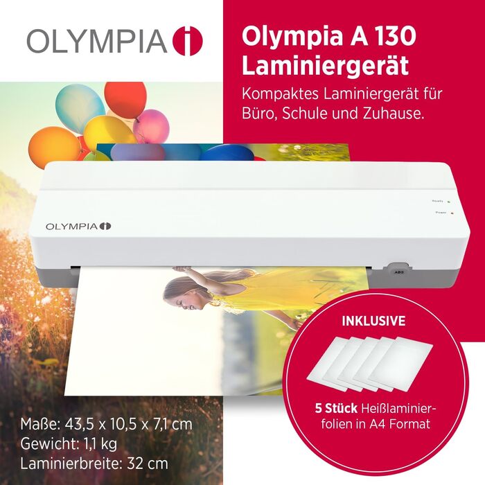 Ламінатор OLYMPIA A 130 A3 Компактний ламінатор для офісу, школи та дому Гаряче ламінування до 320 мм Для ламінувальних пакетів 80125 мікрон Ламінатор A3 та A4 Ламінатор білий та сірий A 130