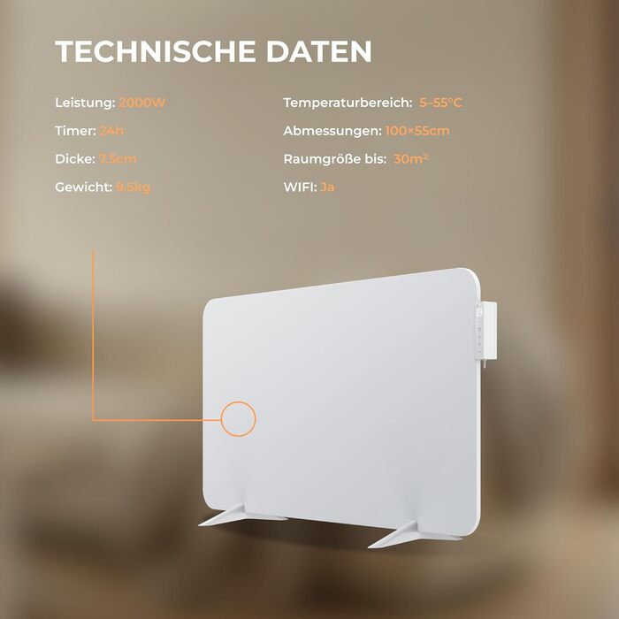 Гібридний інфрачервоний обігрівач BR Bringer потужністю 2000 Вт з конвекцією - розумний термостат, Wi-Fi та додаток - для настінного монтажу або як окремостоячий пристрій для кімнат площею до 30 м - енергозбереження - німецький якісний бренд (білий) Білий