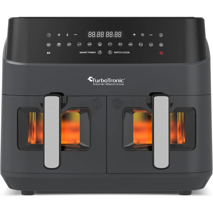 Гаряча аерофритюрниця XXL Подвійна фритюрниця 1600 Вт / 9 л (2 шт. 4.5 л камера) 10 програм Цифрова фритюрниця без жирного масла Подвійна аерофритюрниця Фритюрниця Power Grey