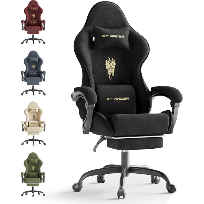 Ігрове крісло, Ергономічне ігрове крісло, Офісне поворотне крісло з регульованою опорою для голови та попереку, підлокітниками та підставкою для ніг, чохол з дихаючої тканини, Гоночне ПК-крісло (чорне)