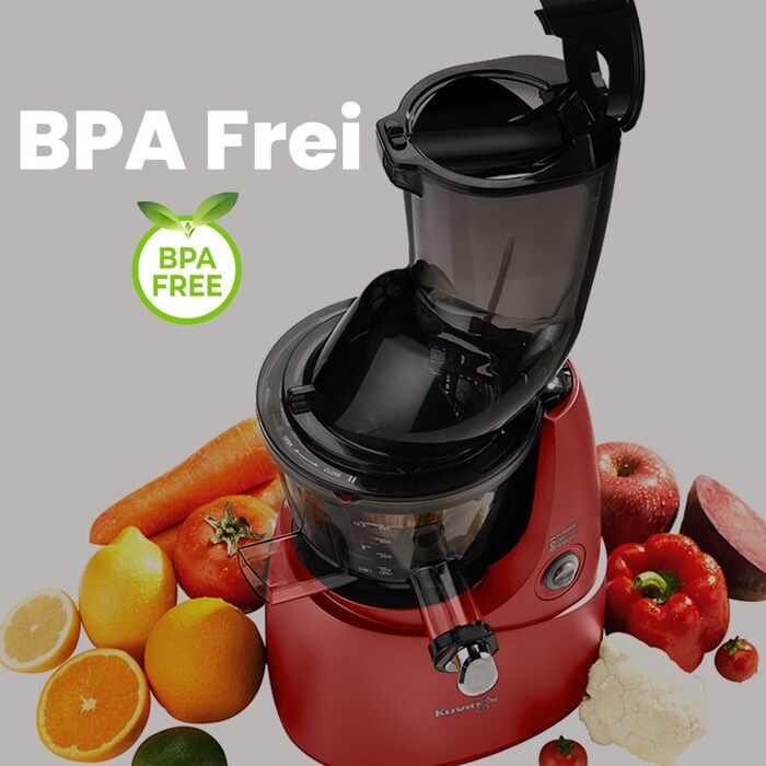 Повільна соковижималка Kuvings B8200 багатофункціональна соковижималка для фруктів та овочів, смузі, сорбетів з двигуном 240 Вт та жолобом подачі 82 мм (матовий темно-червоний)