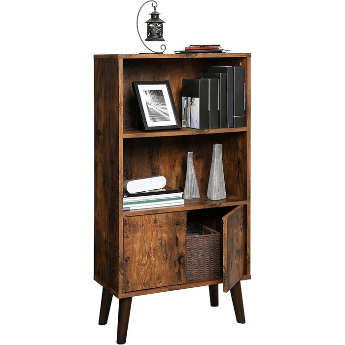 Книжкова шафа VASAGLE у сільському стилі, 3 яруси, з дверцятами, для книг, фотографій, декор у вітальні, офісі, бібліотеці, стиль середини століття модерн, коричневий LBC09BX