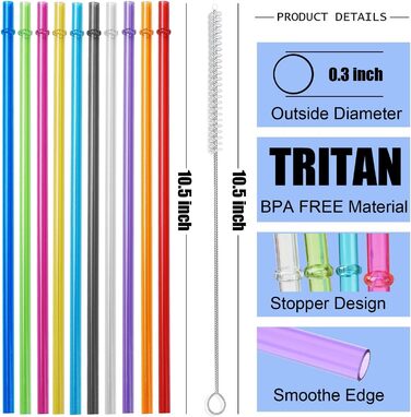 Дюймові багаторазові пластикові соломинки, кольорові соломинки для банки та кухля 40/30/24 унцій, зі щітками для чищення 10 шт. (1