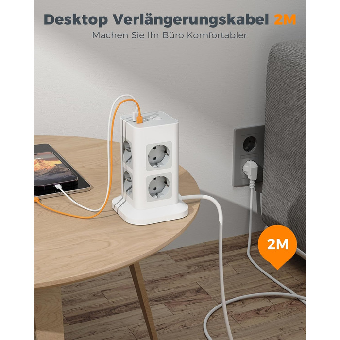 Захист від перенапруги на кілька розеток 3600 Вт 16А, розетка TESSAN 8 відділень USB C з декількома вилками, розетка з подовжуваче