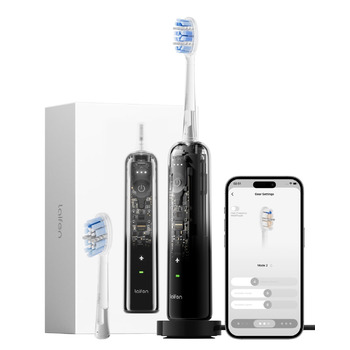 Звукова зубна щітка з 6 режимами чищення, акумулятором на 70 днів, технологією коливань 60 та контролем тиску. Комплект з 2 розумними насадками (Прозорий Чорний)