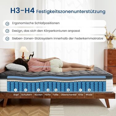 Матрац Coolvie 90x200 см, висота 25 см, ортопедичний та ергономічний пружинний матрац, 7-зонний комфортний пінопласт, рівень жорсткості 3, пружинний сердечник кишенькової форми з ізоляцією руху, сертифікований Oeko-Tex, 90x200x25 см