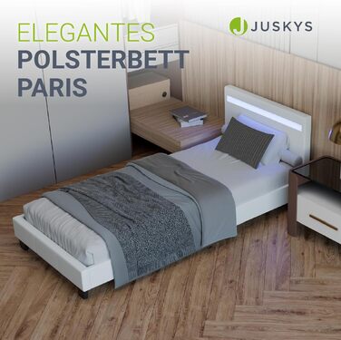 Ліжко Juskys Paris з м&39якою поверхнею 90x200 см зі світлодіодним освітленням, рейковим каркасом та узголів&39ям, ліжко з дерев&39яним каркасом та чохлом зі штучної шкіри, біле 90 x 200 см