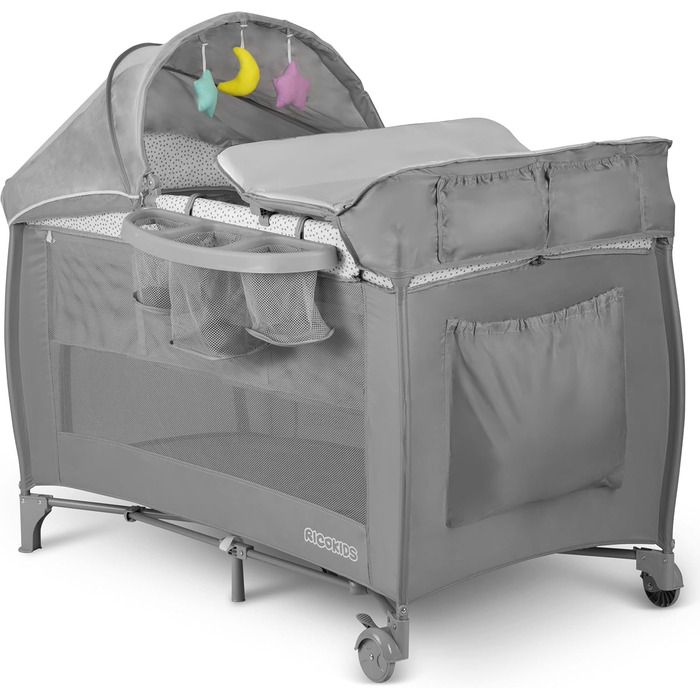 Дитяче ліжечко Ricokids з матрацом, 125 x 65 x 78 см, дорожнє ліжечко, вагою до 15 кг, 2 колеса з гальмами, бічний вхід, сумка для перенесення, функція гойдання, ігрова арка, пеленальний столик, складний, світло-сірий