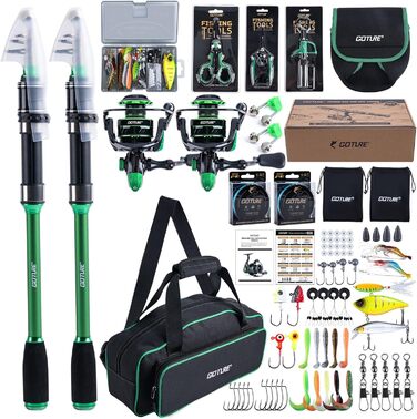 Повний рибальський набір Goture (24T Carbon), 2 телескопічні вудки з вуглецевого волокна для серфкастингу та котушка для спінінгу з 91 герметичними кульковими підшипниками, включаючи рибальські інструменти, сумку для котушки - професійна морська риболовля
