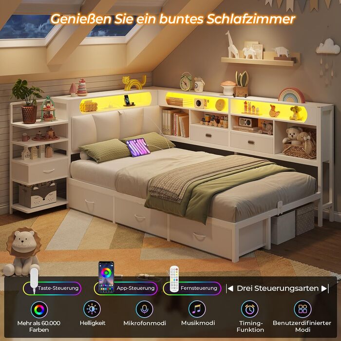 Дитяче ліжко DICTAC 90x200 з 6 шухлядами, світлодіодним освітленням та зарядною станцією Багатофункціональне ліжко з мяким узголівям, вбудованою тумбочкою та прихованим місцем для зберігання в узголівї (біле)