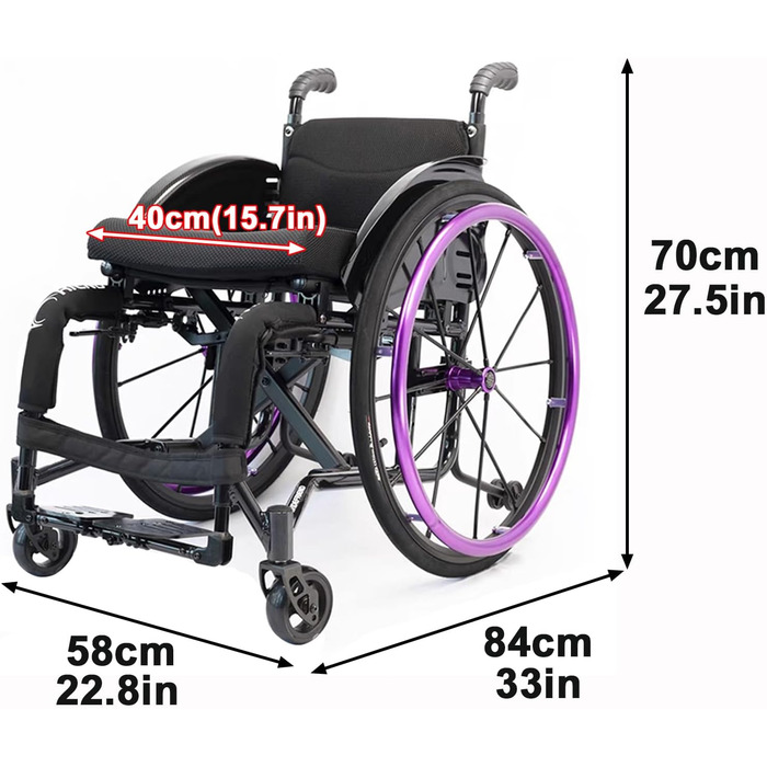 Транспортна інвалідна коляска Sunyongfly для дому та подорожей, спортивна інвалідна візка, підходить для людей з обмеженими можливостями, людей з проблемами рухливості (ширина сидіння 40 см)
