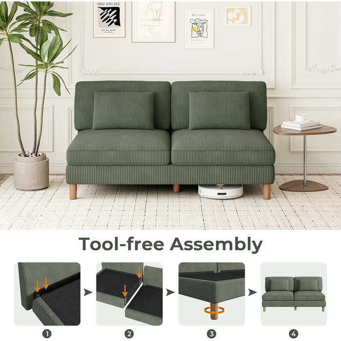 Місний диван Vesgantti Cord без підлокітників, 166 см. Сучасний тримісний диван з подушками, комбінований диван, ідеально підходить для вітальні, спальні, офісу, збирається без інструментів, 166 * 88 * 84 см. Зелений 3-місний диван., 3-