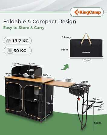 Складана кемпінгова кухня KingCamp з раковиною, бамбукова кемпінгова шафа, складна вулична кухня з місцем для зберігання, вітровим склом та тримачем для лампи, міцна алюмінієва рама, дорожня кухня, кемпінгові меблі для пікніків-барбекю, кемпінгова шафа з 