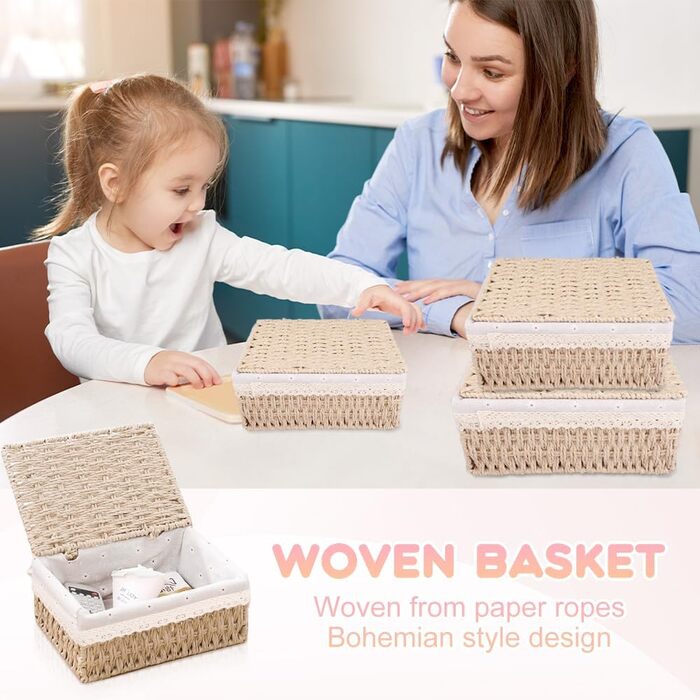 Кошик для зберігання з кришкою, комплект з 3 шт. , плетений кошик ручної роботи з кришкою з екологічного матеріалу для ванної кімнати та вітальні, 3 розміри (хакі) Aa-01