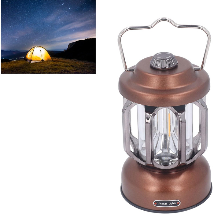 Ретро-світлодіодний кемпінговий ліхтар, тип C, акумуляторний, вінтажний кемпінговий ліхтар, портативні кемпінгові ліхтарі та ліхтарі, 3 режими, з регульованою яскравістю, з гачком, світлодіодний наметовий ліхтар для саду (коричневий)