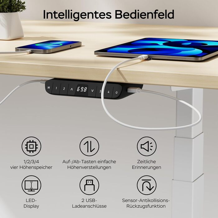 Стіл з регулюванням висоти 140x70 см, цільна стільниця 25 мм, подвійний двигун, 3-рівнева конструкція, інтелектуальне керування з 4 слотами пам&39яті та 2 USB-портами (бежевий білий 140 см x 70 см)