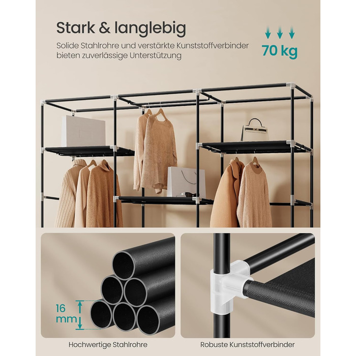 Шафа, Тканинна шафа для спальні, Шафа з вішалкою для одягу, Полиці, Бічні кишені, Велика, 4 відділення для вішалок, 45 x 189 x 180 см, Чорний RYG011BZ02 189B см