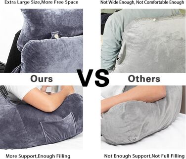 Подушка для читання для сидіння в ліжку або на дивані для дорослих, подушка для спини з кишенями, подушка для спини для дорослих, крісло-ліжко для відпочинку, читання, перегляду телевізора, ігор, темно-сірий