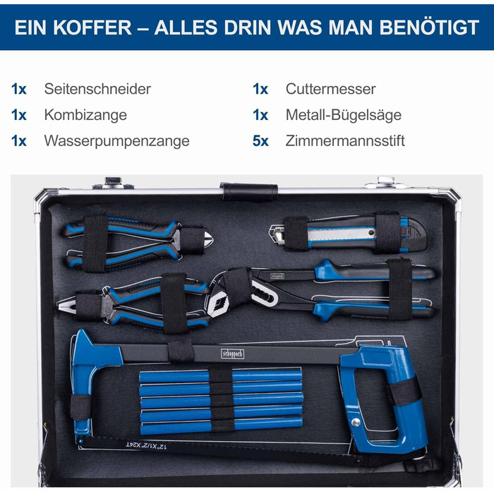 Алюмінієвий кейс для інструментів Scheppach TB200 з набором інструментів 141 предмет кейс для майстерні з гайковим ключем, молотко