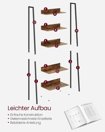 Книжкова полиця VASAGLE, полиця-драбина, 5 ярусів, вузька полиця, відкрита окремостояча полиця для кабінету, вітальні, спальні, кухні, промисловий дизайн, вінтажний коричнево-чорний LLS067B01 Вінтажний коричневий чорний 5 полиць (60Ш x 170В см)