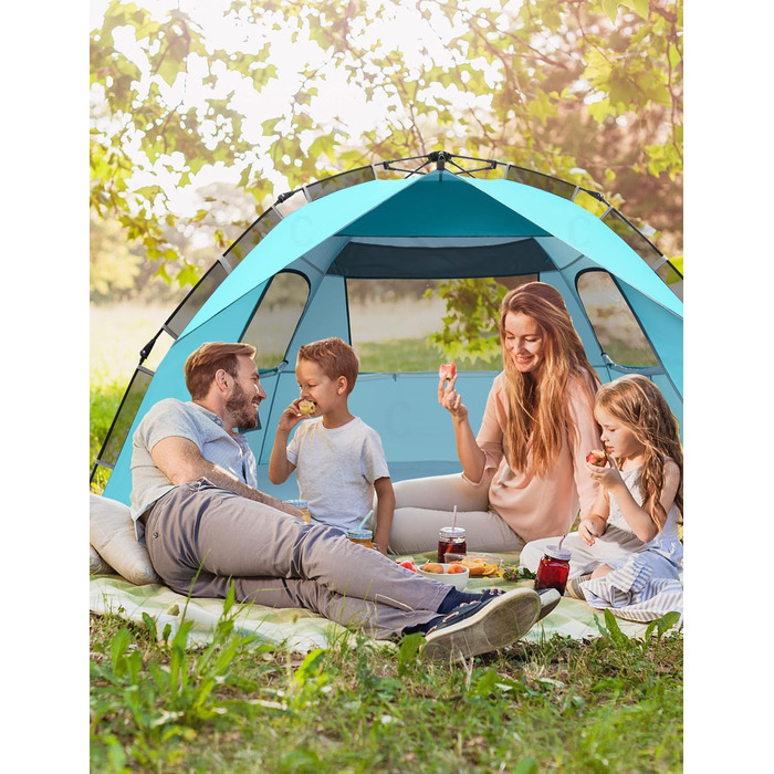 Пляжний намет Glymnis Quick Up, автоматичний пляжний намет, захист від ультрафіолету 50, вітрозахисний, невеликий розмір у упаковці, синій, пляжний намет для 4-6 осіб, синій зі срібним вінілом
